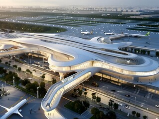 Poster - futuristic aerial view of a cutting edge multimodal transportation hub with advanced architecture
