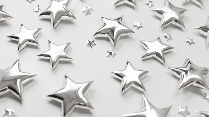 Poster - Stunning 3D chrome stars isolated on a white background. Renders falling and flying stars with blings and sparks, all set in a futuristic y2k style.