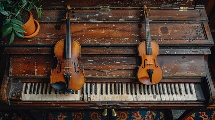 Flute, violin and guitar neck on piano