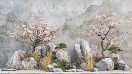 Poster - An abstract concrete wall with a bansai tree with sakura flowers in the background.