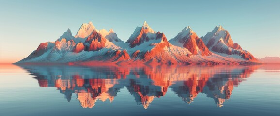 Wall Mural - A 3D render of a fantasy landscape with mountains reflecting in the water. A spiritual zen wallpaper with a skyline background.