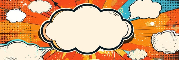 Poster - The background is decorated with colorful comic book images. The speech bubbles are blank white in various shapes. There are rays, radial, halftone effects, and dots on the background. Modern