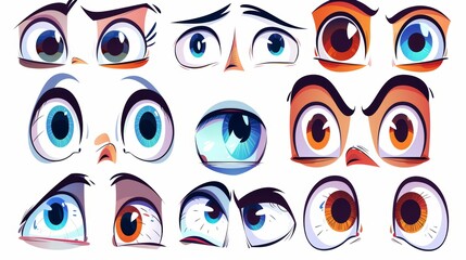 Wall Mural - Human eyes, angry and happy facial expressions. Cartoon character caricature, isolated modern illustration icons.