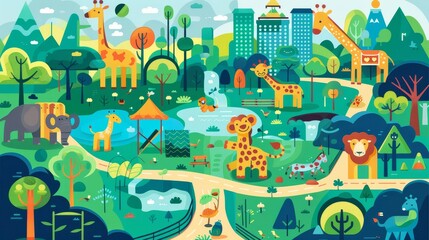 Wall Mural - Zoo map with animals and bushes outside the entrance. Pandas, giraffes, elephants, zebras, elephants, penguins, monkeys, parrots, and flamingos. Cartoon modern illustration.