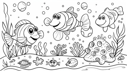 Wall Mural - Friendless cartoon characters from the ocean: dolphins, crabs, shells, jellyfish, starfish, seahorses, and sharks. Illustrations for a black outline coloring book.