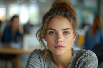 Wall Mural - Blue-eyed blonde in messy bun and gray top