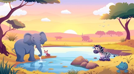 Sticker - The savannah landscape in african savannah with elephants, zebras, crocodiles, and hippos. Modern cartoon illustration.