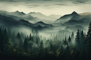 Wall Mural - Moody forest with fog and mist