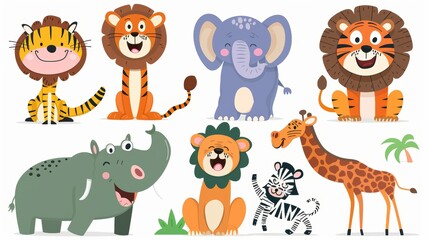 Wall Mural - Various tropical animal cartoons with crocodiles, alligators, tigers, elephants, giraffes, lions, monkeys, chimpanzees, zebras, and rhinoceros.