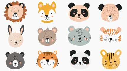 Wall Mural - Cute cartoon animal illustrations for baby cards. Lion, dog, bunny, bear, panda, tiger, cat, fox, cartoon bear, monkey.