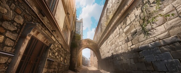 Wall Mural - ancient city long stone wall with an archway leading to the street