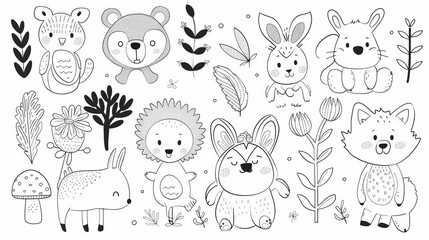 Wall Mural - Set of modern line drawings of woodland animals including bear, deer, fox, rabbit, raccoon, squirrel, hedgehog, owl, bird, etc.