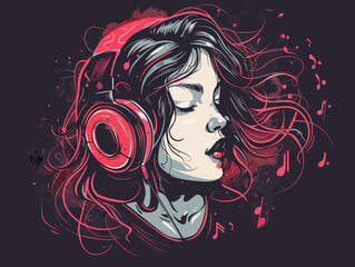 Wall Mural - Vector illustration of a girl listening to music with headphones on grunge background.