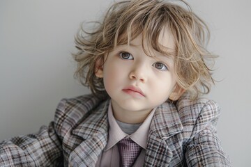 Poster - a little boy in a suit and tie, sitting at a desk with a thoughtful expression, with space for text 