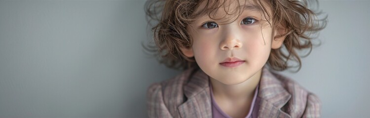 Poster - portrait of a cute little professional boy wearing a blazer, with space for text on the right side o