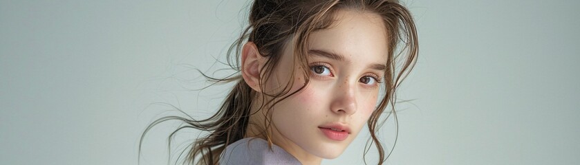 Poster - Adorable young professional girl with a ponytail, posing confidently with room for text above her head