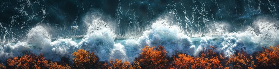 A large wave crashing on a beach with trees in the foreground