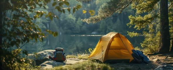Wall Mural - tent in the grassy forest and tall trees, backpack with hiking gear