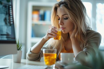 Poster - Blonde woman using laptop while drinking juice