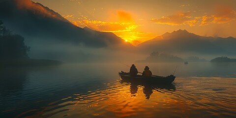 Wall Mural - Two people rowing a boat on a serene lake under a sunset