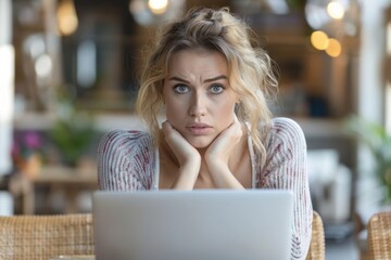 Poster - Woman with laptop sitting at table facing camera