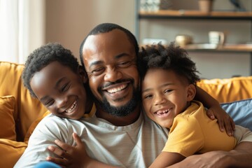 Wall Mural - We love our father very much. He is handsome and happy, playing with our beautiful children at home.