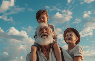 Happy family celebrating Father's Day. A grandfather, a father, and a son are hugging and having fun together.