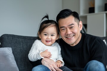 Wall Mural - Laughter and kisses between Asian father and daughter in the livingroom.