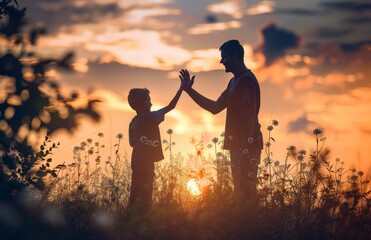 Wall Mural - Playing with his son and giving him a high five. Concept of relationship between father and son