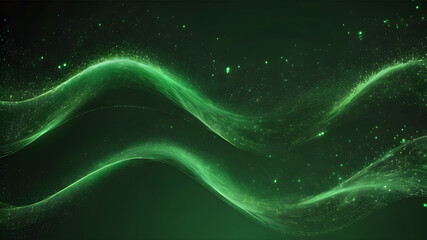 Wall Mural - Digital green particle waves and light abstract background with glowing star points.
