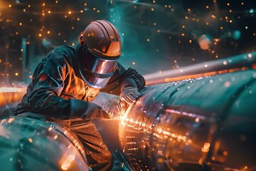 Welder Working On Metal Pipe At Night