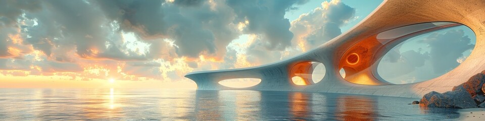 Wall Mural - Futuristic ocean building at sunset with water, cloud, sky, liquid, landscape
