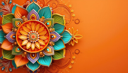 greeting card banner for festival. colorful floral mandala patterns on a vibrant orange background