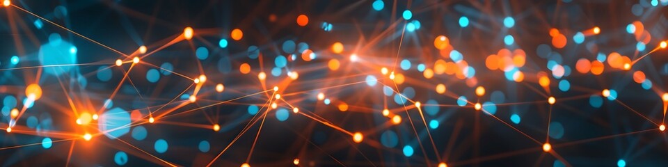 Dynamic technology background featuring orange and blue dots connected in a detailed plexus network