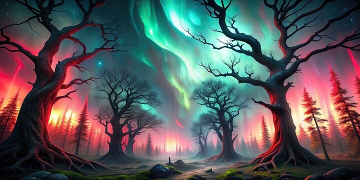 Eerie forest with twisted trees and red aurora glow , Creepy, haunted, fog, misty, eerie, spooky, gnarled, twisted, forest, woods, red, aurora, atmospheric, mysterious, dark, gloomy