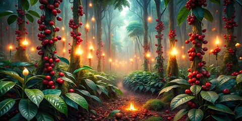 Sticker - Fantasy coffee forest with red glowing lights , fantasy, coffee, forest, red, glowing, lights, magical, dreamy, ethereal, mystical, enchanting, surreal, whimsical, mystical, fairytale