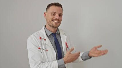 Sticker - Smiling young man with a beard wearing a lab coat and tie, presenting with hand gestures against a white background