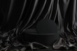 © Mountain Fairy - Empty round platform podium on beautiful black color background with drapery and wavy folds of silk satin material. Mock up monochrome background for cosmetic product presentation. Top, Generative AI