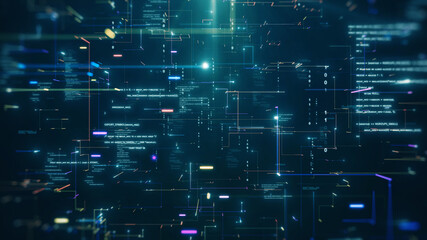 Leinwandbilder - Futuristic digital data stream with glowing lines of abstract binary code on a dark green background, cyber security technology and data science.