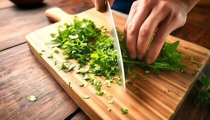 A close-up shot of fresh herbs being chopped on a wooden cutting board, vibrant green leaves and detailed textures. 1