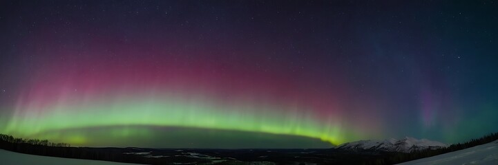 beautiful view of aurora in northern sky night over the hills, borealis northern lights background w