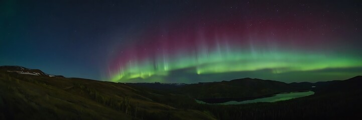 beautiful view of aurora in northern sky night over the hills, borealis northern lights background w
