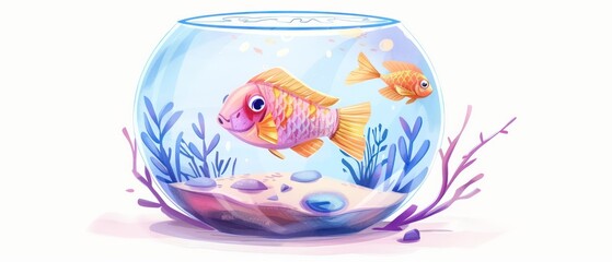 Wall Mural - round glass simple aquarium with fish and decor, watercolor