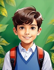 Wall Mural - portrait of a school boy on a green background, cartoon style