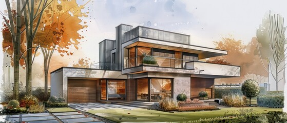 Wall Mural - sketch drawing of a modern stylish house