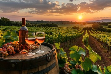 Wine glass, bottle, and barrel