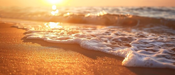 Beach at sunrise with soft waves, warm golden light illuminating the sand and water, Morning, Photography, Warm tones, Gentle ambiance