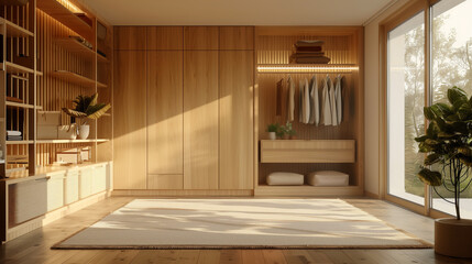 Wall Mural - Minimal Dressing room with wooden wardrobe with line and hidden warm light, modern and minimalist design