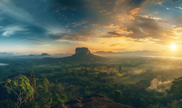 A beautiful panoramic view of the sun rising over the mountains and green forests, the misty surface, the golden light illuminating the vibrant sky.