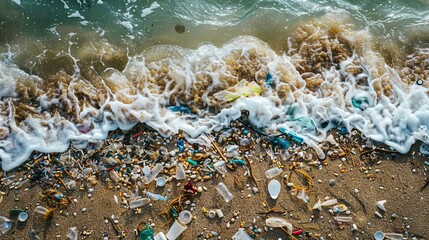 A serene beach littered with plastic waste contrasting against the pristine waves of the ocean, emphasizing the need for global protection